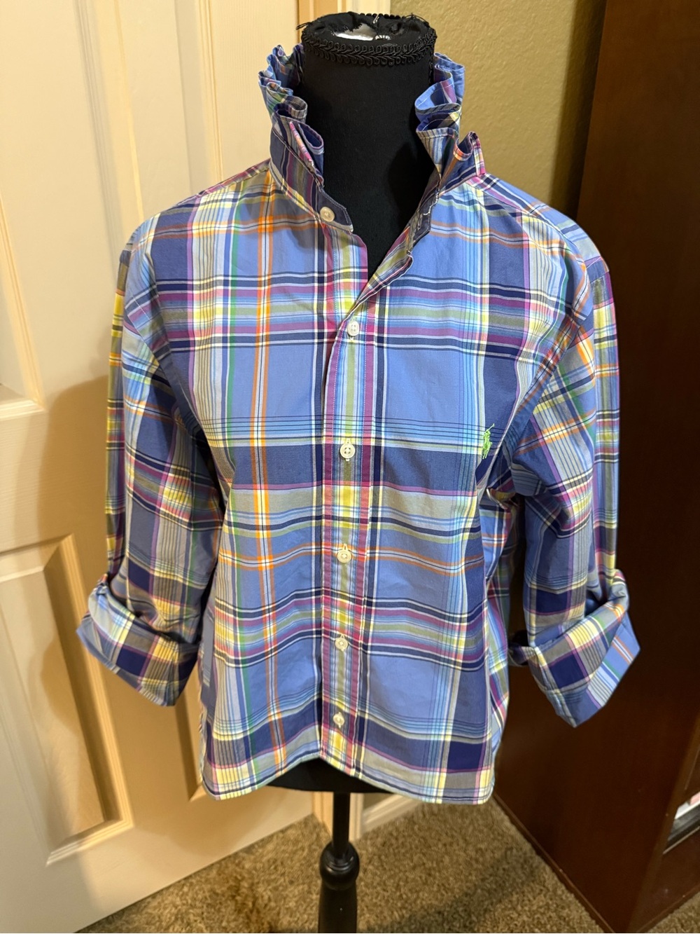 Upcycled Ralph Lauren Multicolor Blue Plaid Button-Down Shirt